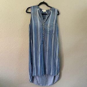 Cloth & Stone Shirt Dress Womens Medium Blue White Striped Chambray Hi Low Midi